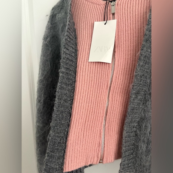 Zara Brushed Knit Zip Cardigan Gray Pink Size Small NWT - Picture 10 of 12